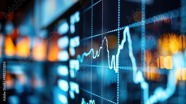 Fototapeta A close-up of a digital screen displaying a downward-trending line graph