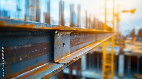 Fototapeta Close-up of a steel beam being lifted by a crane in a construction site, symbolizing the sale and transportation of steel in a construction project, with a shiny metallic surface reflecting