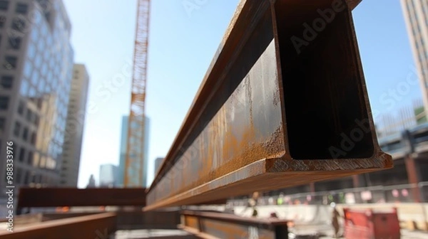 Fototapeta Close-up of a steel beam being lifted by a crane in a construction site, symbolizing the sale and transportation of steel in a construction project, with a shiny metallic surface reflecting