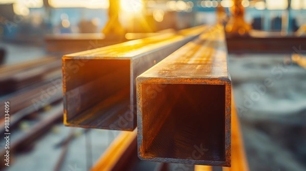 Fototapeta Close-up of a steel beam being lifted by a crane in a construction site, symbolizing the sale and transportation of steel in a construction project, with a shiny metallic surface reflecting