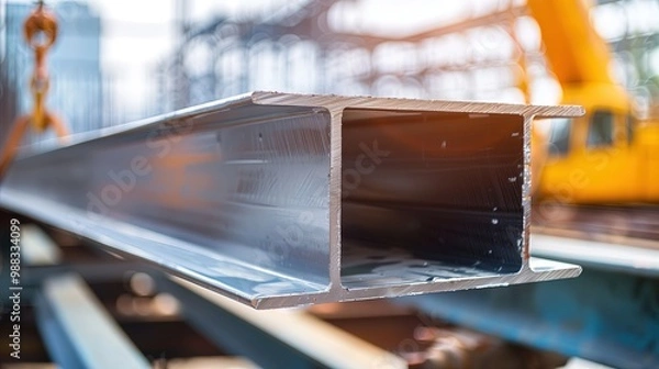 Fototapeta Close-up of a steel beam being lifted by a crane in a construction site, symbolizing the sale and transportation of steel in a construction project, with a shiny metallic surface reflecting