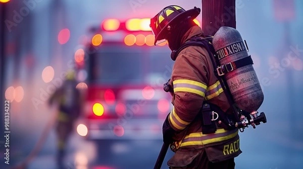 Fototapeta Firefighter is ready for action. Emergency response, bravery, and readiness in firefighting profession.