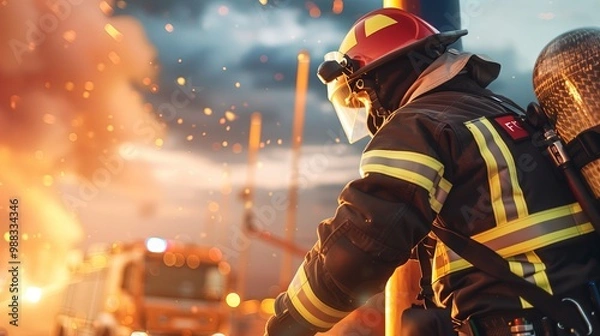 Fototapeta Firefighter is ready for action. Emergency response, bravery, and readiness in firefighting profession.