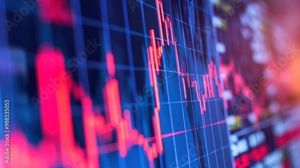 Fototapeta A close-up of a digital screen displaying a downward-trending line graph