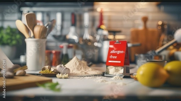 Fototapeta  red allergen-free label on food package, highlighting importance of allergen awareness and safety in food consumption.