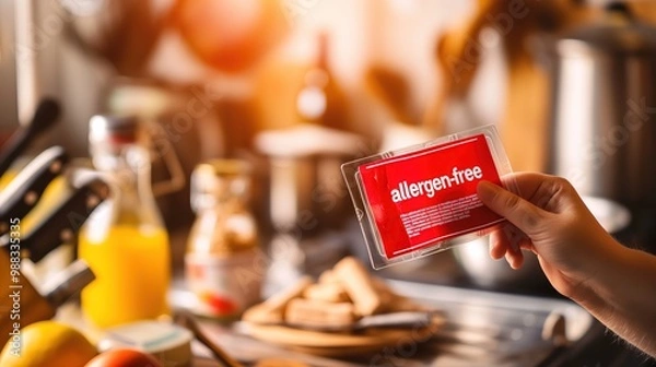 Fototapeta Close-up of hand holding small red allergen-free label on food package, highlighting importance of allergen awareness and safety in food consumption.