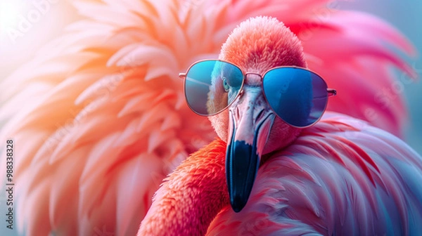 Obraz A flamingo with sunglasses on a soft pastel background