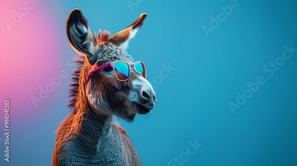 Obraz A donkey with sunglasses in front of a colorful background