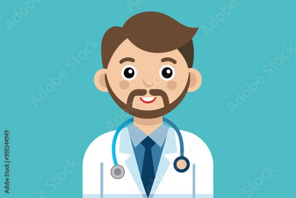 Fototapeta A cheerful cartoon doctor is smiling, wearing a white coat and stethoscope, ready to engage with patients in a friendly healthcare setting.