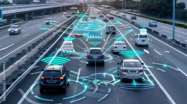 Fototapeta Autonomous driving technology with connected cars on a highway for digital interfaces smart sensors navigation safety and future transportation innovation concept.