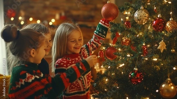 Obraz Group of joyful children wearing colorful Christmas sweaters, decorating a sparkling Christmas tree with ornaments and tinsel in a cozy living room filled with warm lights.