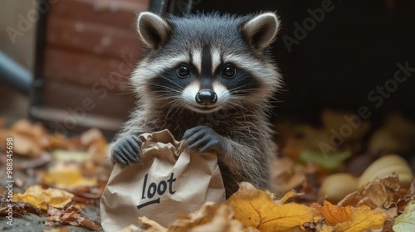 Fototapeta A raccoon dressed as a thief, complete with mask and bag, is a symbol of Halloween or Day of the Dead, which falls on October 31st every year.
