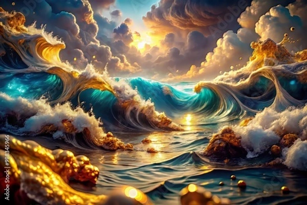 Fototapeta From above, a kaleidoscope of blue and white liquids, infused with gold, unravels across a maroon and bronze sea, bathed in soft, luminescent light, in a fantastical, dreamlike setting.