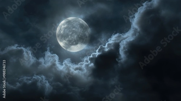 Fototapeta The moon glowing behind the moving clouds