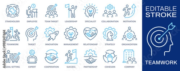 Obraz Teamwork outline icon set. Collection of teamwork, collaboration, leadership, management and more. Vector illustration. Editable stroke.