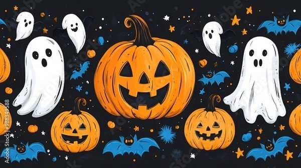 Fototapeta Seamless Halloween vector pattern with pumpkins bats and ghosts in a spooky arrangement