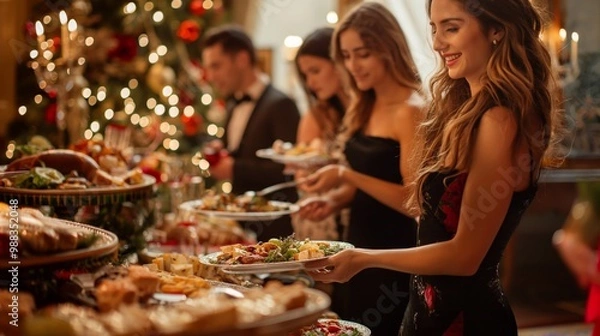 Fototapeta Business people are lining up to take food from a buffet table full of delicious dishes during a corporate christmas party. The banquet hall is full of people. Merry Christmas Happy New Year event