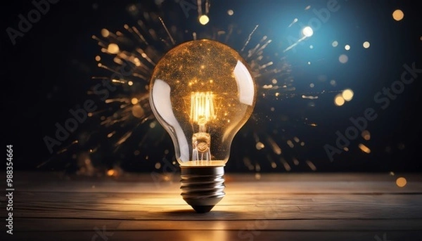 Fototapeta A glowing light bulb radiates sparks, symbolizing creativity and innovation against a dark background.