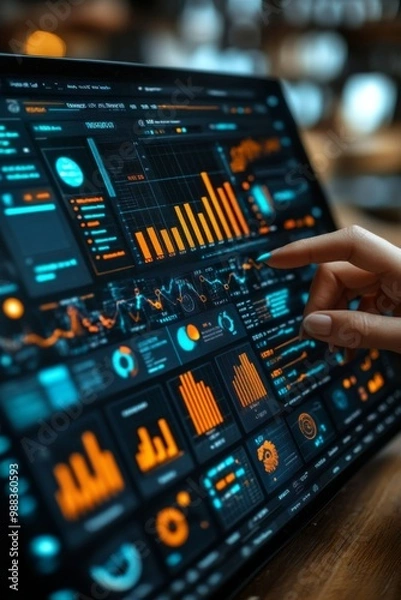 Obraz Digital analytics data visualization. Big data. Network connection. Artificial intelligence technology. Digital tech. Hand typing, gesturing.	