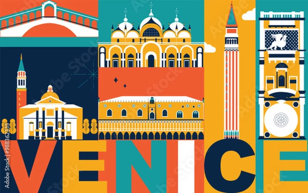 Obraz Venice culture travel set, famous architectures and specialties in flat design. Business travel and tourism concept isolated on white background. Image for presentation, banner, website, app, advert