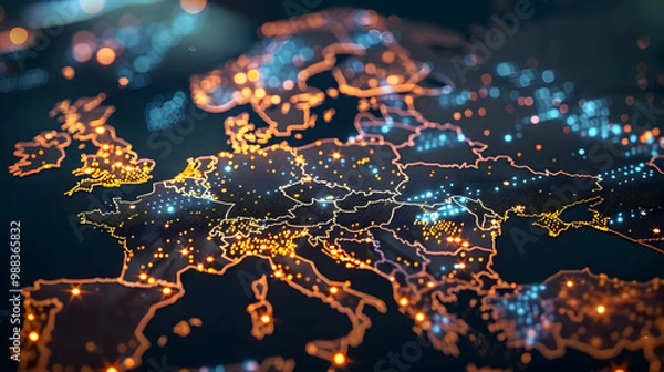 Fototapeta dynamic digital world map emphasize Western Europe continental for AI powered global network connectivity big data transfer cyber technology network information exchange and telecommunication