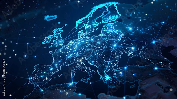 Fototapeta dynamic digital world map emphasize Western Europe continental for AI powered global network connectivity big data transfer cyber technology network information exchange and telecommunication