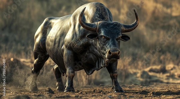 Fototapeta An angry bull is depicted engaging in trading activities with a computer. The concept revolves around the bull market in both traditional stock markets and the cryptocurrency. Generative AI.