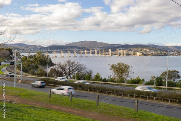 Fototapeta Busy road with Hobart bridge in the background