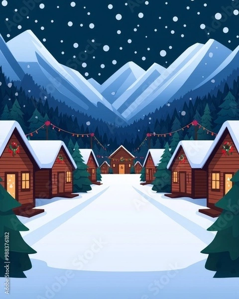 Fototapeta Snowy village with cozy cabins nestled in the mountains under a starry night sky.