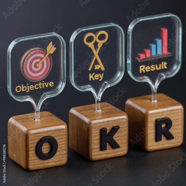 Obraz OKR Concept with Wooden Blocks and Symbols for Objective, Key, and Result