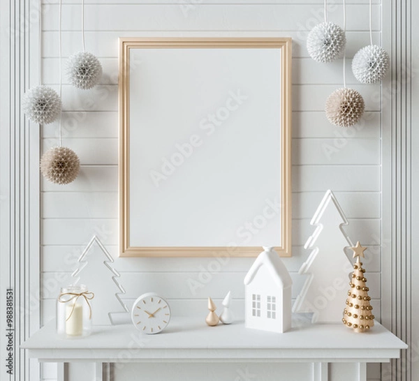 Fototapeta Mockup, template, christmas decoration, scandinavian white style, photo frame, poster, new year shiny gold decorations, 3d rendering