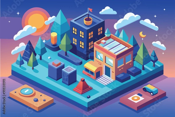Fototapeta A vibrant isometric cityscape features colorful buildings, lush trees, and vehicles under an early morning sky filled with clouds and the rising sun.