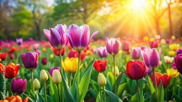 Obraz Tulips rise from the earth, bursting with vibrant color, amidst a peaceful, green meadow, bathed in soft, diffused light.