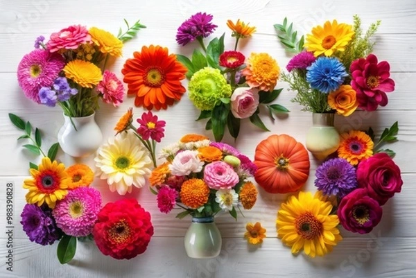 Fototapeta Vibrant flowers dance across a clean white surface in a modern flat style with bold yet muted colours.