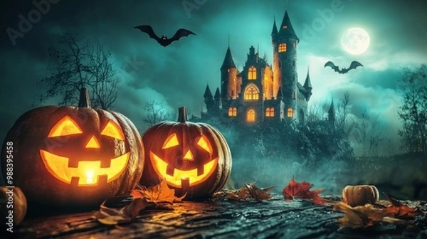Fototapeta Spooky Halloween scene with jack-o'-lanterns and haunted castle