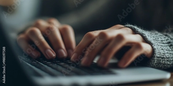 Fototapeta Hands engaged in typing on a keyboard, softly blurred computer screen in the background, conveying focus and productivity.