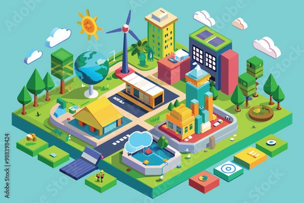 Obraz A colorful isometric illustration showcases a sustainable urban landscape featuring green technologies, renewable energy, and eco-friendly buildings.