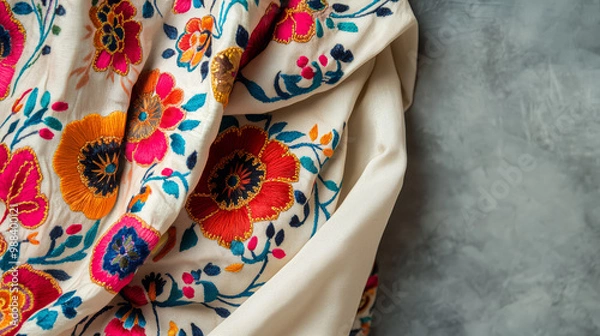 Fototapeta A beautiful, hand-embroidered blouse with intricate floral designs, draped on the left side of the frame., cope space