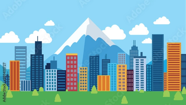 Obraz Beautiful Landscape of City Building Cityscape with Mountain in Bright Sky