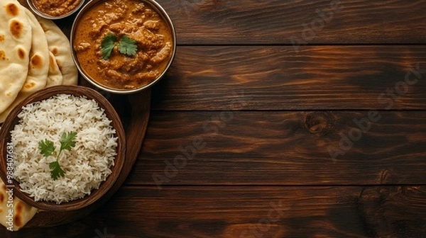 Fototapeta Close-up of Indian food with rice, naan bread, and curry on a dark wood background.