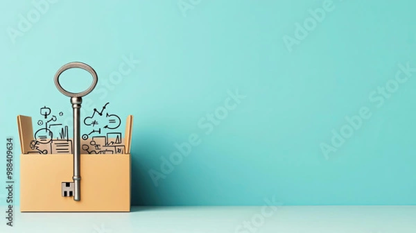 Obraz A large key unlocking a box filled with business concepts like Strategy, Innovation, and Leadership, representing the keys to out of the box thinking