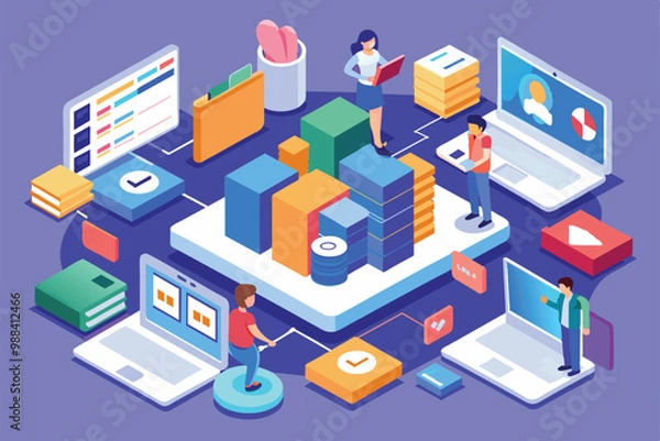 Fototapeta A vibrant isometric illustration depicts individuals synchronizing files on laptops, surrounded by digital resources in an engaging workspace.