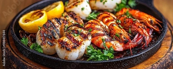 Fototapeta Delicious grilled seafood platter with shrimp, scallops, and lemon, garnished with fresh herbs on a sizzling plate.