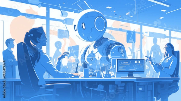 Fototapeta Artificial intelligence integrated into modern working processes and workflows, showcasing the role of AI in automation, decision-making, and optimizing productivity in business and technology.