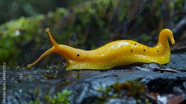 Obraz A yellow slug on the damp stone