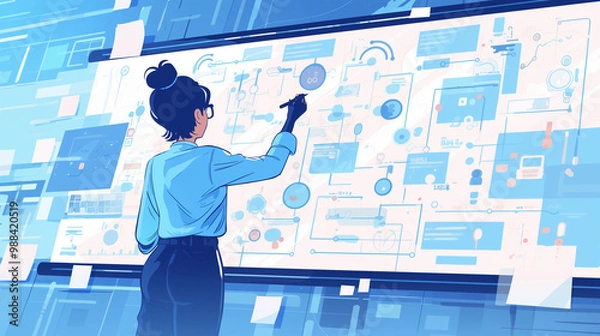 Fototapeta A person drawing on a giant whiteboard filled with diagrams and ideas. Creative process, innovation, brainstorm. Ideal for content related to idea generation, idea generation, problem-solving concept.
