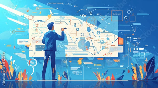 Fototapeta A person drawing on a giant whiteboard filled with diagrams and ideas. Creative process, innovation, brainstorm. Ideal for content related to idea generation, idea generation, problem-solving concept.