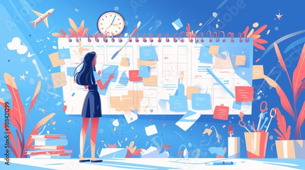 Fototapeta An individual organizing a giant calendar or task list. Effective time management, productivity, task prioritization, personal organization concept.