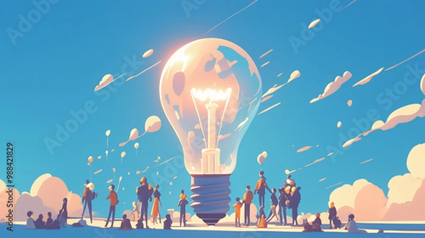 Fototapeta Giant lightbulb towering over a group of tiny people. Innovation, creative thinking, brainstorming, and new ideas concept.