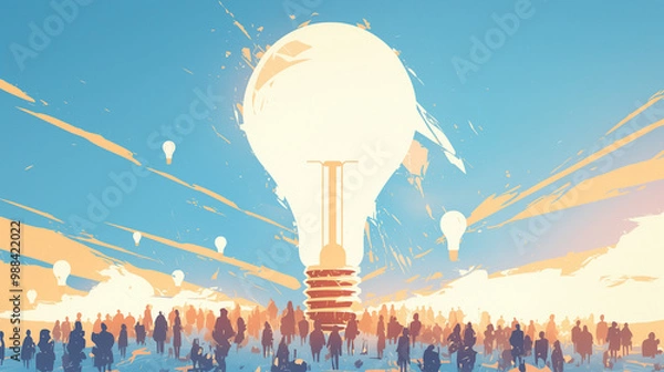 Fototapeta Giant lightbulb towering over a group of tiny people. Innovation, creative thinking, brainstorming, and new ideas concept.
